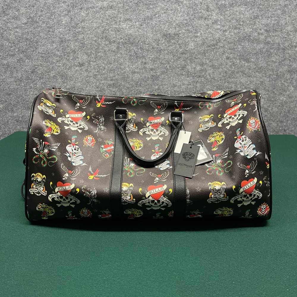 Ed Hardy Duffle Bag Black Tattoo Flash Print Vegan Leather Laptop Sleeve Travel - Picture 2 of 12